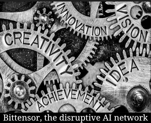 The image features an array of gears with the text "Bittensor, the disruptive AI network" written above them. The gears are arranged in a circular pattern, creating a visually striking scene that captures attention. The caption below the image provides additional context about the gears and their significance to the post's content.