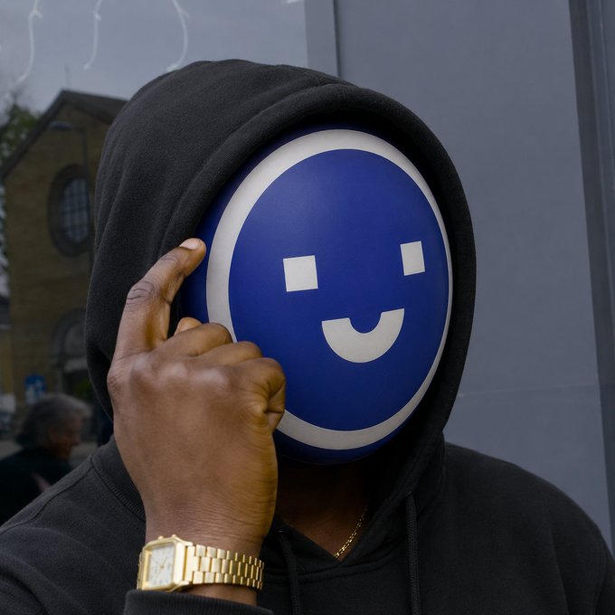 A person wearing a black hoodie holds up a blue smiley face mask covering their face, while showing off a gold watch on their wrist.