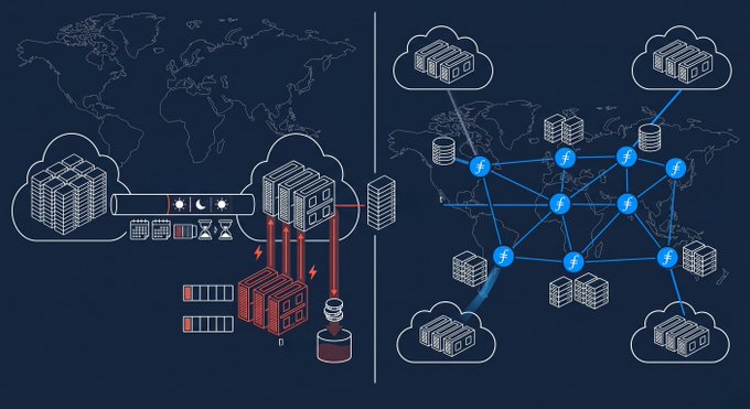 The image contrasts two data architectures: on the left, a traditional centralized cloud model showing bulk data transfer (represented by hourglass and battery icons indicating time and energy costs) between servers, and on the right, a decentralized Filecoin network with interconnected nodes (marked with "ƒ" symbols) spanning global data centers. This visually reinforces the message that moving 1PB of data takes 13.2 days over a 10 Gbps pipe at 70% throughput—whereas Filecoin's distributed architecture eliminates this bottleneck by bringing compute to the data rather than moving petabytes across the network.