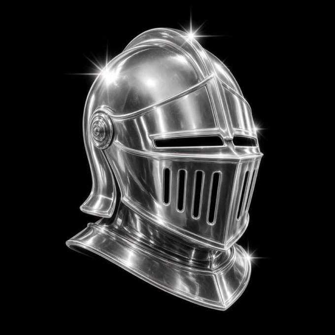 A silver/metallic medieval knight's helmet against a black background, rendered with sparkling star effects.