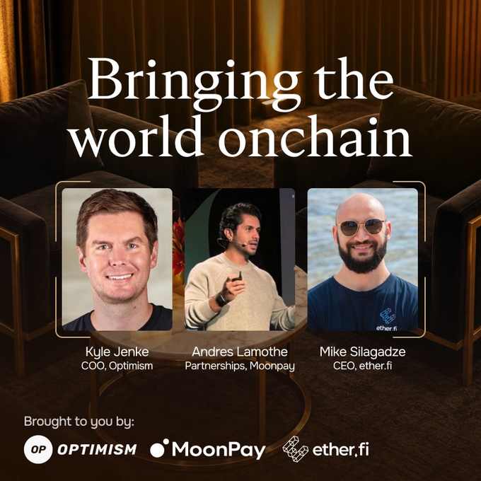 Promotional graphic for "Bringing the world onchain," featuring headshots of Kyle Jenke (COO, Optimism), Andres Lamothe (Partnerships, Moonpay), and Mike Silagadze (CEO, ether.fi), sponsored by Optimism, MoonPay, and ether.fi—aligning with the post's announcement of their panel discussion at The ether.fi Lounge during Token2049 on Oct 7 at 4:20pm.
