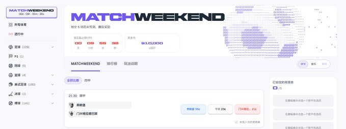 A MATCHWEEKEND sports prediction platform interface showing a prize pool of $10,000 USDT, a countdown timer, and a list of upcoming matches including '奥斯坦 vs 门兴格拉德巴赫' with odds displayed.