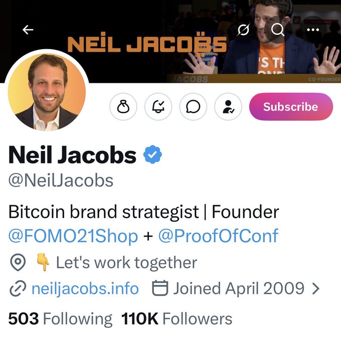 The image shows a social media post featuring a man named Neil Jacobs, who appears to be a Bitcoin brand strategist or founder. The post includes a link to his Twitter account, which has over 100k followers. The post also mentions that he is interested in collaborating with others and appreciates their support through likes and shares on the post.