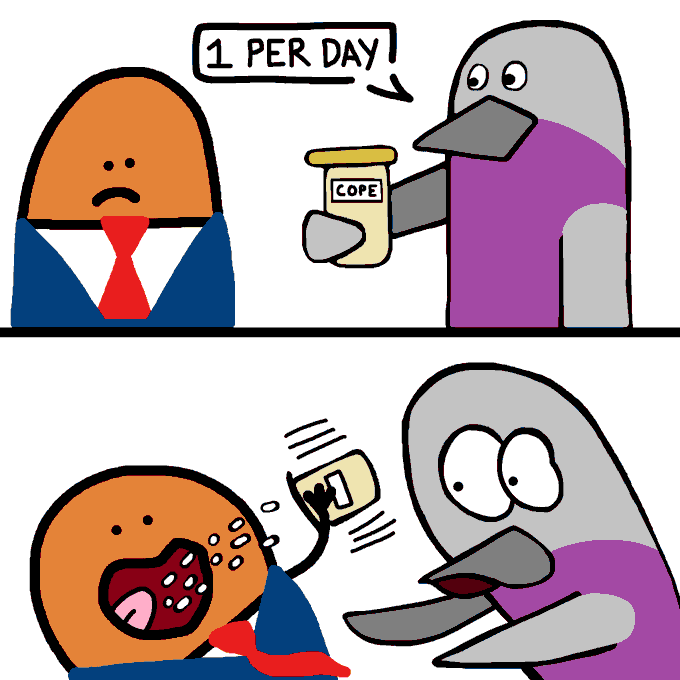 The image features a cartoon depiction of two birds, one wearing a blue shirt and another wearing a purple shirt, standing over each other while one bird takes something out of the other's beak. The bird taking something out of the other's beak is holding a can or jar in its beak. In the background, there are words that read "1 per day", which seems to be part of the humor behind this scene. It appears that someone has created this cartoon for the purpose of making people laugh, and it seems they may be referring to zec, as seen in one of the descriptions provided by the image's caption.