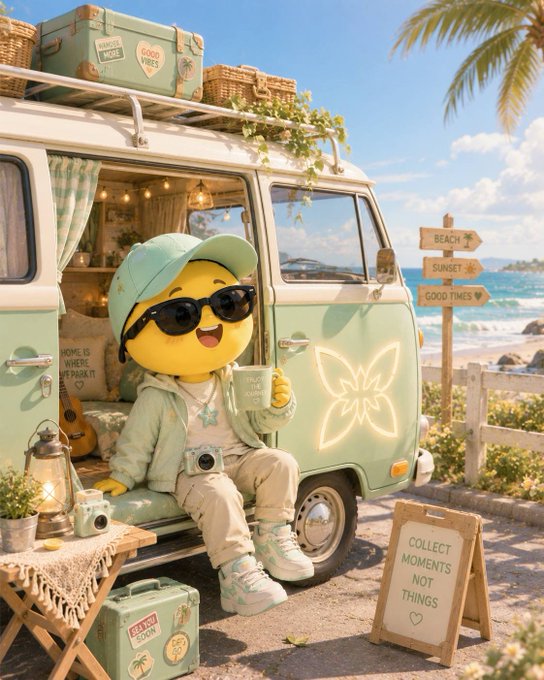 A cheerful yellow emoji-style character wearing a cap and sunglasses sits in the doorway of a vintage green VW-style van at a beach, holding a mug, with a sign reading "COLLECT MOMENTS NOT THINGS" and directional signs pointing to "BEACH," "SUNSET," and "GOOD TIMES."