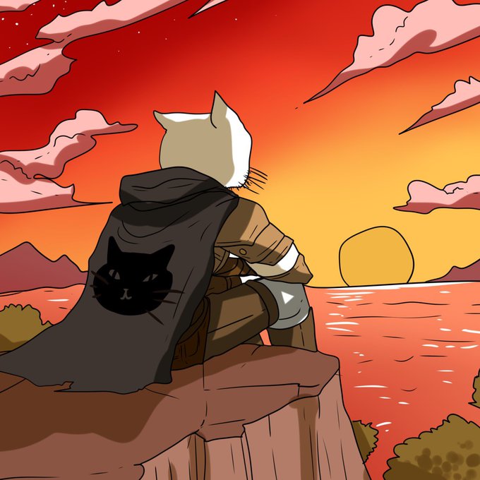 A hooded cat warrior in medieval garb sits atop a cliff, gazing out at a vibrant sunset over the ocean—evoking a contemplative "wanderer seeking destiny" mood that mirrors the post's hopeful hunt for a hidden "God candle" in the $CATJAK chart.