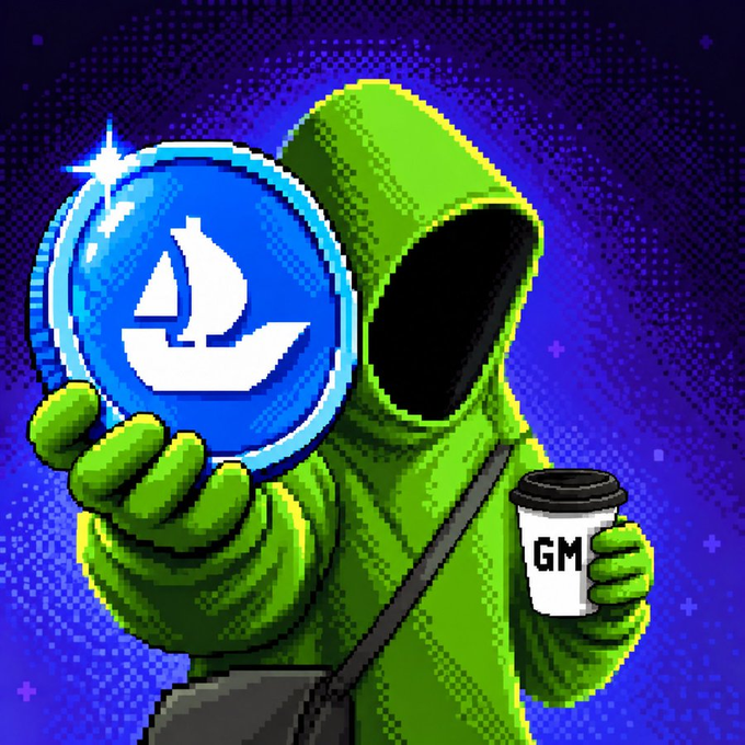 A pixel art illustration of a faceless green hoodie character holding a glowing blue coin featuring a white sailboat logo and a white coffee cup labeled 'GM'.