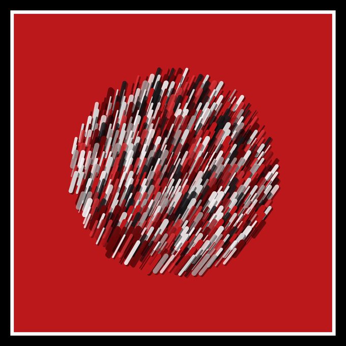 An abstract digital artwork showing a circular cluster of red, white, and black brushstroke-like marks on a solid red background.