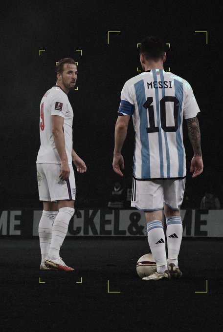 The image shows two soccer players facing each other on the field, with the player on the right wearing an Argentina jersey displaying "MESSI" and the number "10," referencing Lionel Messi ahead of a match between England and Argentina. The player on the left appears to be Harry Kane in England's white kit, setting the stage for the predicted matchup teased in the caption about which team will score first.