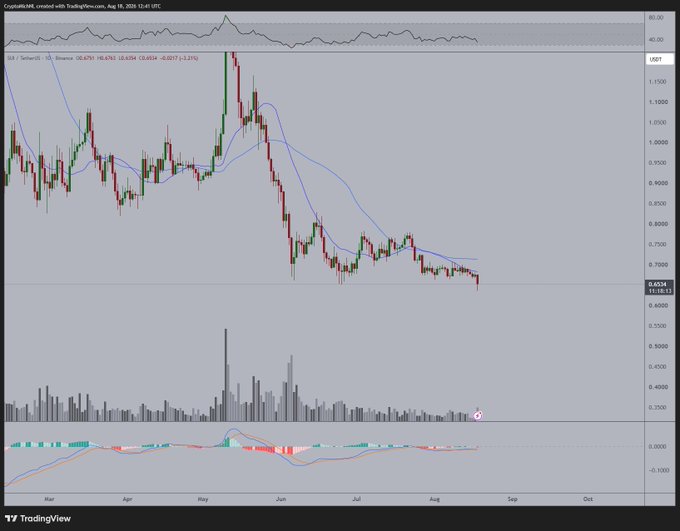 A daily candlestick chart of the SUI/USDT pair on TradingView shows the price trading near $0.6534 after a sustained downtrend from its May peak, with the moving averages sloping downward and volume spikes aligning with the recent decline. The price hovering just below the highlighted $0.67 support level visually reinforces the post's thesis that a reclaim of this zone could trigger a rally toward $0.80+.
