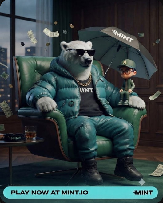 A promotional image featuring a stylish polar bear wearing sunglasses, a teal puffer jacket, and a MINT shirt, sitting in a green chair with an umbrella, while a small character holds an umbrella on the bear's arm, with 'PLAY NOW AT MINT.IO' text at the bottom.