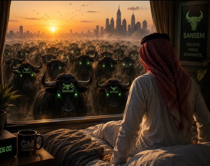 A digital artwork of a person in traditional Arab attire sitting on a bed, looking out a window at a massive herd of black bulls with glowing green eyes branded '$ANSEM,' with a poster reading 'BELIEVE. HOLD. DOMINATE.'