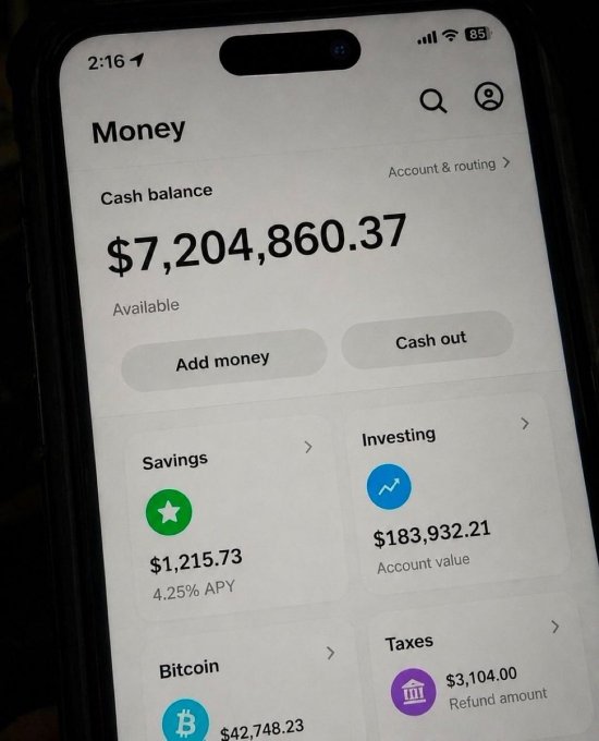 A photo of a smartphone displaying the Cash App interface showing a cash balance of $7,204,860.37, with savings of $1,215.73, investing account value of $183,932.21, and a Bitcoin balance worth $42,748.23.