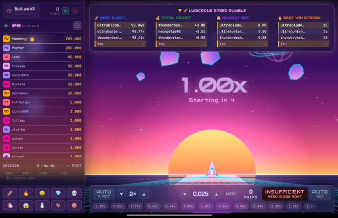 A screenshot of the Bull.web3 crypto gambling game 'Ludicrous Speed Rumble,' showing a multiplayer leaderboard, a 1.00x multiplier starting countdown, and a 'NEED 0.025 ROKT' insufficient balance warning.