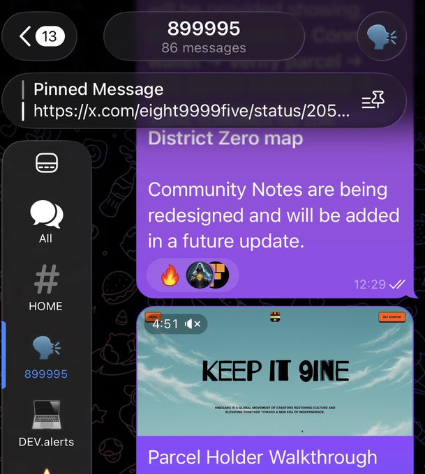 A Telegram chat interface for a channel called '899995' showing 86 messages, with a pinned message link and a message about 'District Zero map' noting Community Notes are being redesigned for a future update.