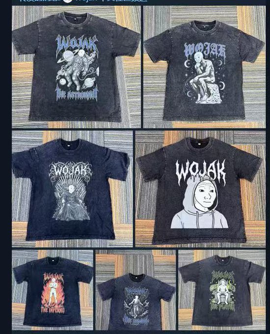 The image showcases a collection of five different short-sleeve t-shirts with various designs printed or drawn on them. The t-shirts have a casual and unique style, and each one features a distinct design or imagery. They are arranged side by side in a grid format, presenting a variety of options for the viewer to choose from. The image also includes text that reads "Draw for 5 WOJAK Trendy Tees Congrats to WOJAK officially launching Binance.US! The WOJAK community is giving away 5 custom short-sleeve WOJAK T-shirts. Rumor has it these tees were custom-made by the workwear supplier for Pang Dong Lai, so the quality is pretty".