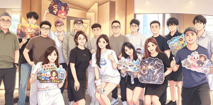 An illustration of a large group of people, including men and women, posing together indoors while holding anime-themed merchandise and character cards.