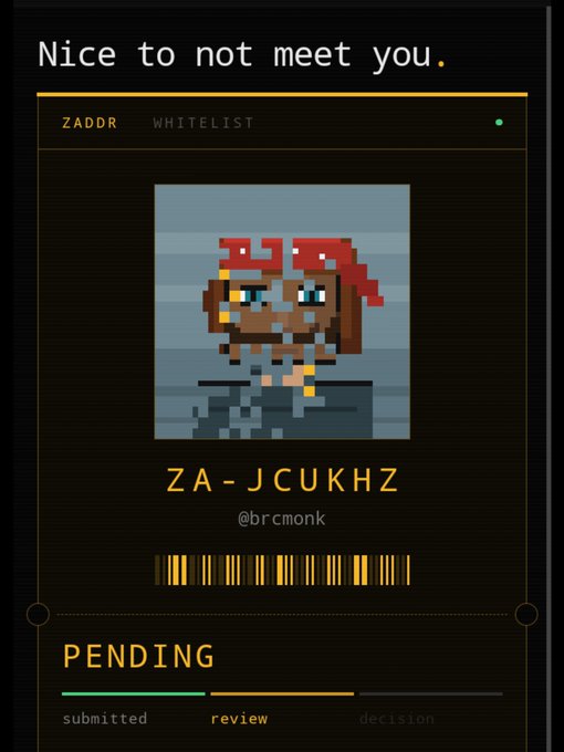A digital interface displays 'Nice to not meet you.' above a pixel art image of a cat, labeled 'ZA-JCUKHZ' and '@brcmonk', with a status of 'PENDING'.