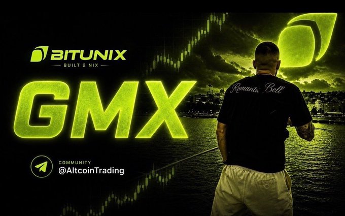 The image shows a stylized promotional graphic with a man in a black shirt standing by water at night, holding a fishing rod, with neon green "GMX" text (referencing both the crypto project GMX and "Good Morning") and the Bitunix logo ("Built 2 NIX"), plus a Telegram community handle "@AltcoinTrading." The fishing scene visually reinforces the post's message about the patience of trading—waiting, studying, and protecting capital before reeling in the big wins.