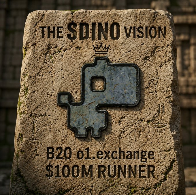 A weathered stone monument features a dinosaur glyph wearing a crown, engraved with "THE SDINO VISION" at the top and "B20 o1.exchange $100M RUNNER" below, symbolizing the firm, set-in-stone commitment to becoming the first $100M market cap runner on the o1.exchange launchpad as outlined in the accompanying post.