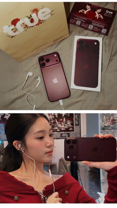 A composite image showing an unboxed iPhone in a dark red color with True branded packaging and earphones on top, and a woman taking a mirror selfie with the same red iPhone below.