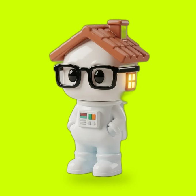 A 3D-rendered cartoon figure of a white astronaut-like character wearing black-framed glasses and a brown house roof with a chimney on its head, standing against a lime-green backdrop.