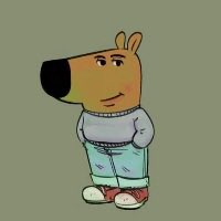 A cartoon illustration of an anthropomorphic dog character wearing a gray sweater and light blue pants, standing against a plain green background.