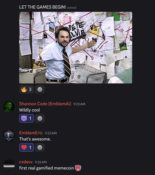 A Discord or chat interface screenshot showing a meme of Charlie Kelly from 'It's Always Sunny in Philadelphia' frantically pointing at a conspiracy wall, posted with the caption 'LET THE GAMES BEGIN!' and user comments from Shannon Code, EmblemEric, and cxdevv reacting with 'Wildly cool', 'That's awesome.', and 'first real gamified memecoin'.