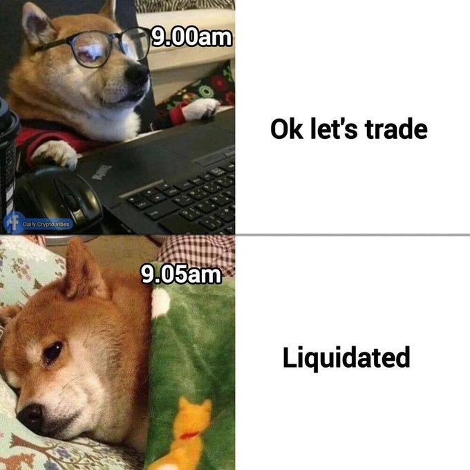 The meme shows a Shiba Inu dog wearing glasses and looking focused at a laptop at "9.00am" with the caption "Ok let's trade," contrasted with the same dog looking defeated in bed at "9.05am" labeled "Liquidated," humorously illustrating how one bad trade can instantly destroy a trader's day and entire portfolio.