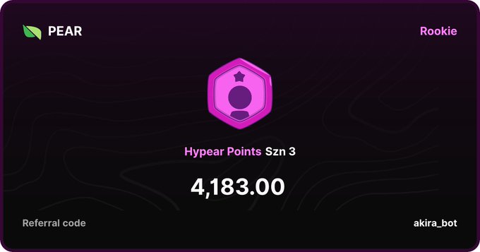 The image shows a purple square with a pink star at its center, which appears to be a badge or award. The text "HYPEAR POINTS SZN 3" is displayed below the badge, indicating that this is a HyPear Points badge. The badge has a value of 4,183,000 and can be converted into tokens for trading. The image also includes a link to a post on Pear Protocol, which suggests that the badge might be related to pear trading or a similar activity.