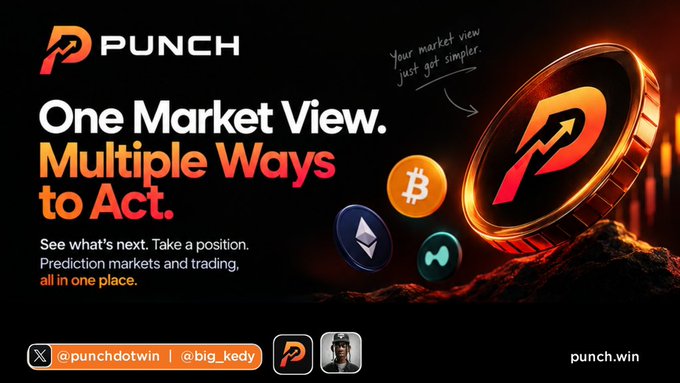 A promotional graphic for "PUNCH" with the tagline "One Market View. Multiple Ways to Act." featuring Bitcoin, Ethereum, and other crypto logos, with handles "@punchdotwin" and "@big_kedy" and the URL "punch.win".