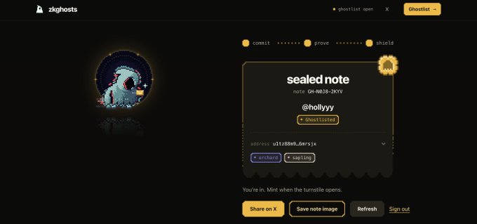 A screenshot of the 'zkghost' website displays a pixelated ghost character and a 'Sealed Note' card with the username @hollyyy, an address beginning with 'ultiZ8h9', and buttons for sharing and signing out.