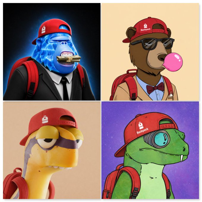 A 2x2 collage of four characters (a blue shark, a brown bear, a yellow reptile, and a green lizard) wearing red 'Backpack' caps, sunglasses, and backpacks.