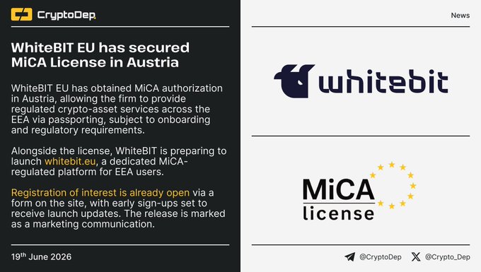 The image depicts a promotional poster for WhiteBIT EU's MiCA License secured by MiCA itself in Austria from January 1st, 2019. The primary focus of the poster is to indicate that the company has obtained and holds the license, which enables them to offer regulated crypto-asset services across the EEA via passporting rules set by the FMA (European Medicines Agency). It also emphasizes the importance of a dedicated platform called whitebit.eu for users, who must provide their consent before being onboarded.