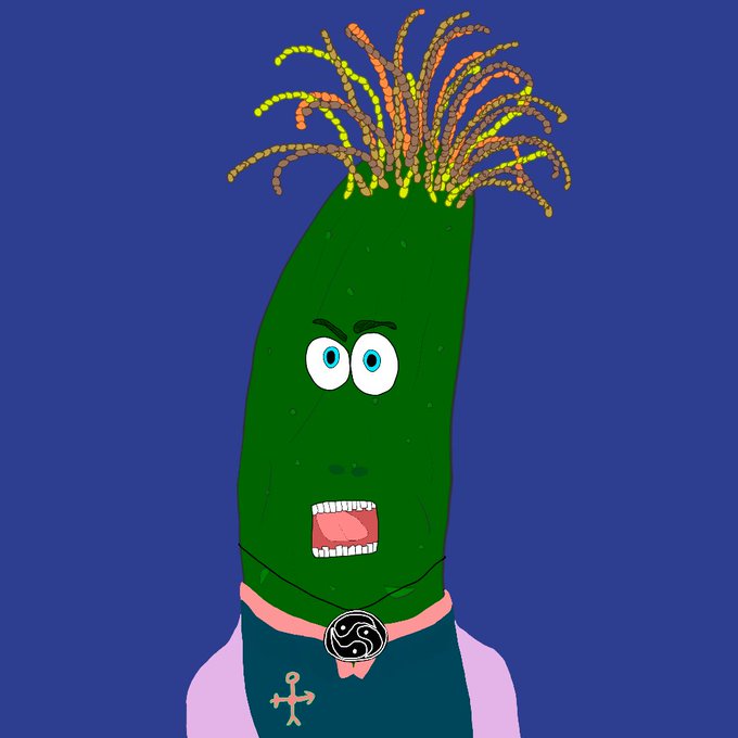 A cartoon illustration of an anthropomorphic green pickle or gourd character with a surprised expression, dressed in formal attire including a dark vest, pink shirt, and a bowtie with an Omega symbol.