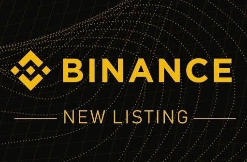 The image displays a Binance announcement banner with the text "NEW LISTING" below the Binance logo, set against a dark background with yellow accent graphics.

It serves as the official announcement template, indicating that a specific cryptocurrency ticker—which would replace the blank in "Fill in the gap; $________ will be listed on #Binance"—is being newly added to the Binance exchange.