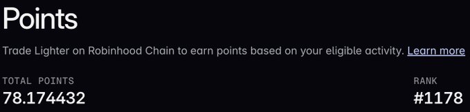 A screenshot of a dark-themed rewards interface titled 'Points' explains trading on Robinhood Chain, displaying a 'TOTAL POINTS' of 78.174432 and a 'RANK' of #1178.