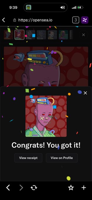 A screenshot from opensea.io celebrates a successful NFT purchase with the message "Congrats! You got it!" alongside an animated cartoon-style character, along with options to "View receipt" or "View on Profile," tied to the post announcing another acquisition of an artwork by artist @LASTG3N via founder @Crono1000.