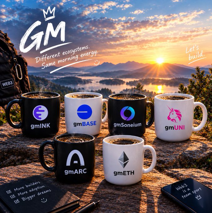 A "GM" themed Web3 graphic showing six coffee mugs labeled with crypto ecosystems (gmINK, gmBASE, gmSoneium, gmUNI, gmARC, gmETH) set against a scenic sunrise landscape, with a checklist reading "More builders, More adoption, Bigger dreams."