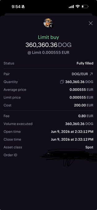 The image shows a cell phone screen displaying information about an order for Bitcoin, specifically for dog coins. The text on the screen indicates that the user has purchased 0.36 Bitcoin at a cost of 360.38 Euros.