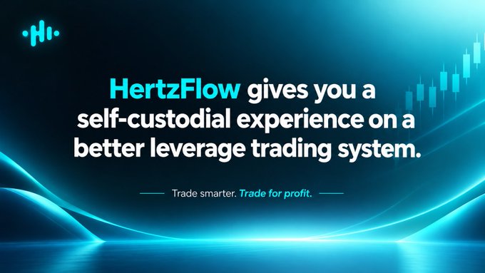 Promotional banner with text 'HertzFlow gives you a self-custodial experience on a better leverage trading system. Trade smarter. Trade for profit.' set against a blue background with stock chart graphics.