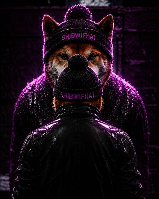 A Shiba Inu dog wearing a beanie labeled 'SHIBWIFHAT' and a matching beanie on a person in a black leather jacket, both with cat ears, facing each other in a dark, purple-lit setting.