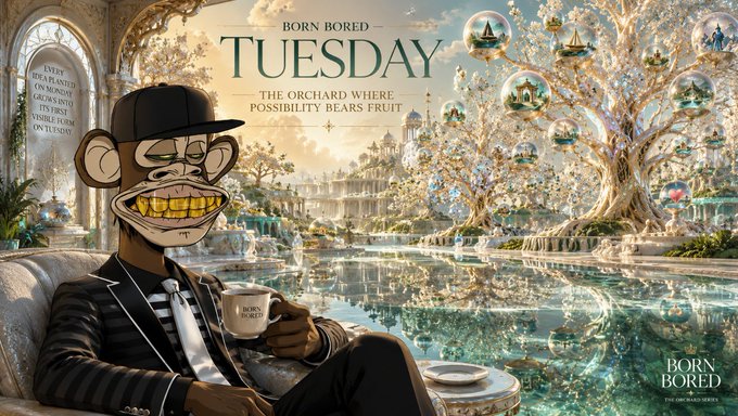 A stylish Bored Ape-style character wearing a suit and "Born Bored" hat relaxes in an opulent, dreamlike garden with floating orbs and golden trees, holding a teacup labeled "Born Bored." The banner reads "BORN BORED TUESDAY — THE ORCHARD WHERE POSSIBILITY BEARS FRUIT," visually echoing the post's theme of seizing daily Web3 opportunities and riding the momentum like catching a wave.
