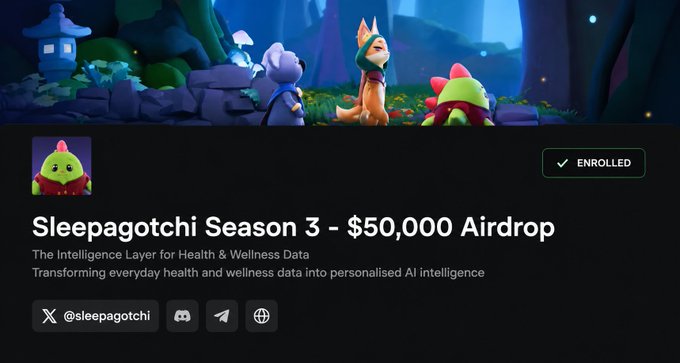 A promotional banner for "Sleepagotchi Season 3 - $50,000 Airdrop" featuring animated characters (a bear, fox, and dinosaur-like creature) in a nighttime forest setting, with an "ENROLLED" badge displayed. The image ties to the post by showcasing the Sleepagotchi Season 3 airdrop campaign on the Nucleus platform, which the user is participating in to qualify for rewards.