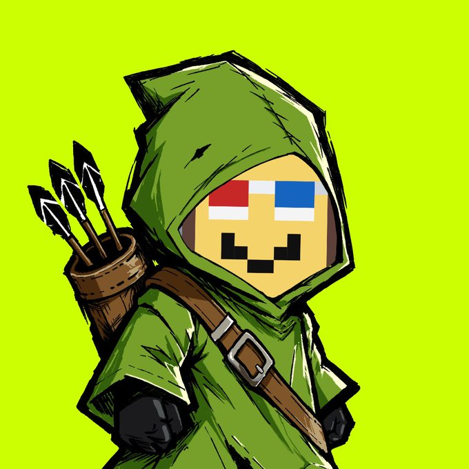 A stylized cartoon illustration shows a character in a green hooded cloak with 3D glasses and a pixelated smile, carrying a quiver of arrows on a bright green background.