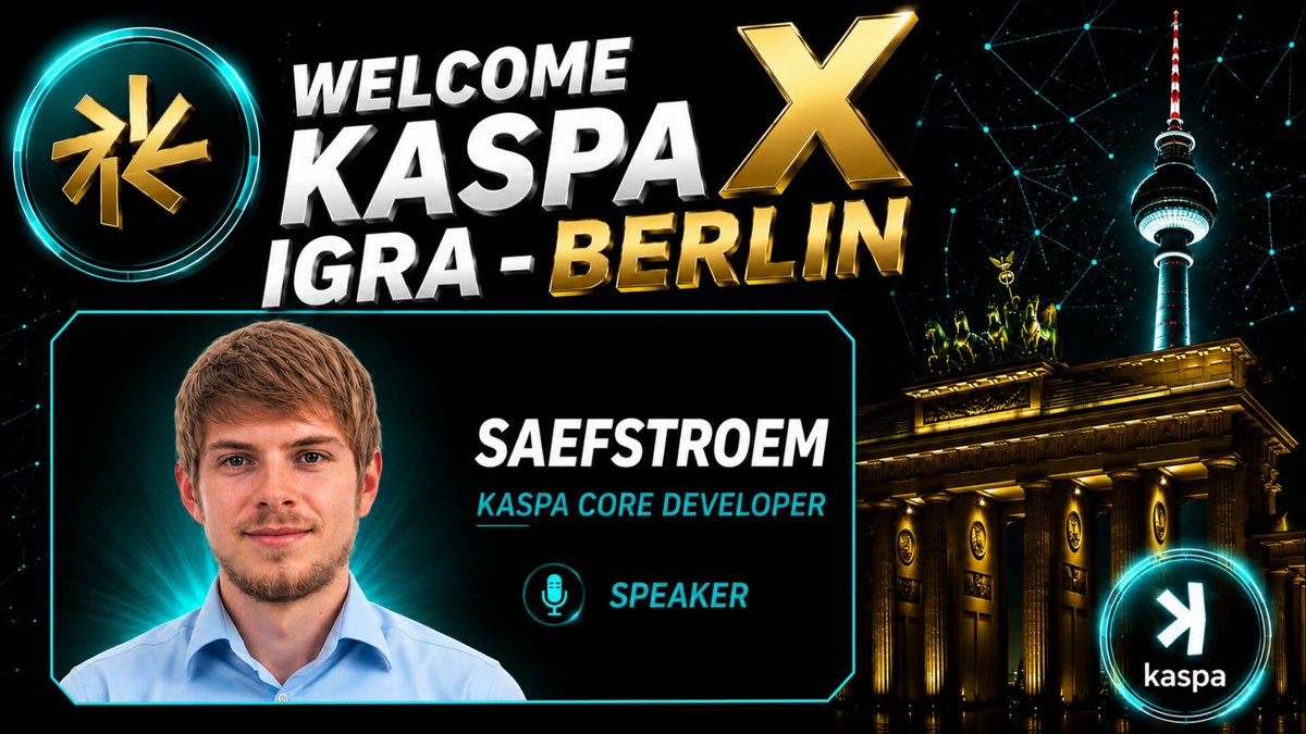 The image features a man with brown hair wearing a blue shirt, standing against a black background that includes a logo for Kaspa Berlin and a building. The man appears to be speaking at an event or conference related to Kaspa Berlin's core development team. The text on the image reads "Welcome Kaspa X Igra - Berlin", indicating that this is a welcome message from Kaspa Berlin, and it also mentions that there are atomic swaps being developed by @asaefstroem.