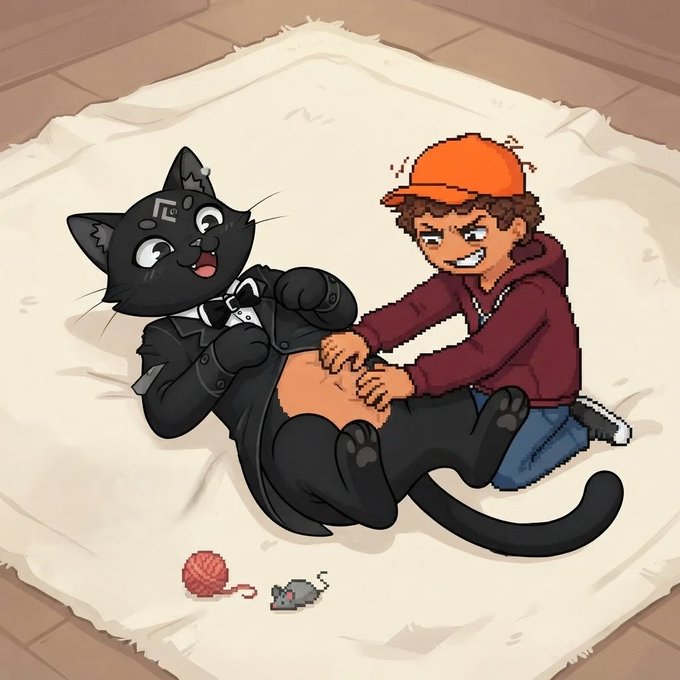 A pixel-art style illustration of a young man tickling a black cat dressed in a tuxedo while lying on a rug, with a toy mouse nearby.