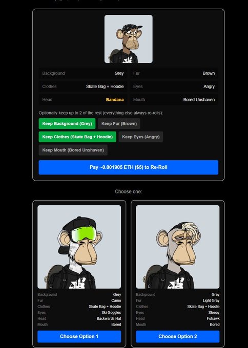A screenshot of an NFT minting interface showing a Bored Ape-style character with selectable traits (Grey background, Brown fur, Skate Bag + Hoodie clothes, Angry eyes, Bandana head, Bored Unshaven mouth) and an option to re-roll for 0.001905 ETH ($5), with two randomly generated options below.