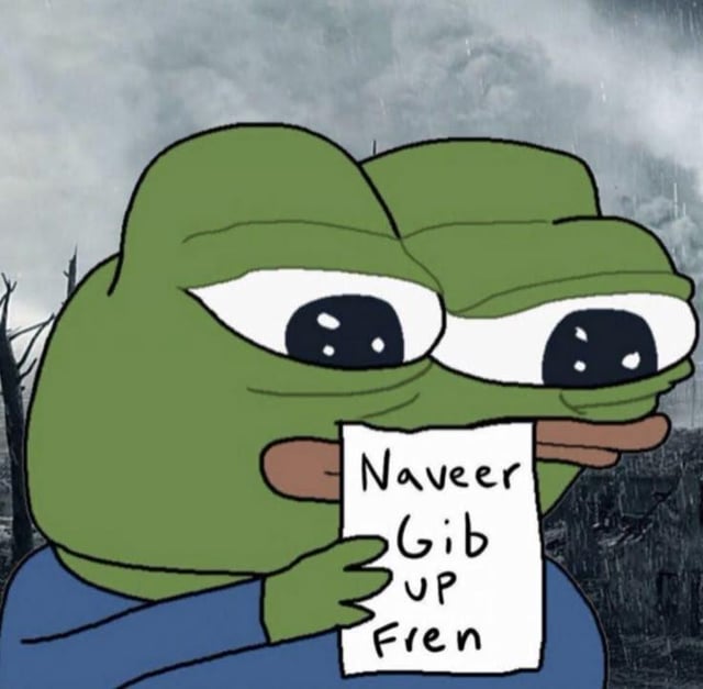 The image features a cartoon frog with green skin, holding up a piece of paper that has the text "Naver GIB UP FREN" written on it. The frog appears to be reading or presenting the note to someone else. This scene is related to the suggested post because it could be an example of a humorous or lighthearted message from the artist who created the cartoon, possibly as part of a social media challenge or a joke for friends and followers.