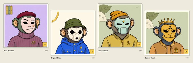 Four cartoon-style NFT character cards featuring monkey-like figures labeled 'Rose Phantom', 'Origami Ghost', 'Mint Sentinel', and 'Golden Oracle'.